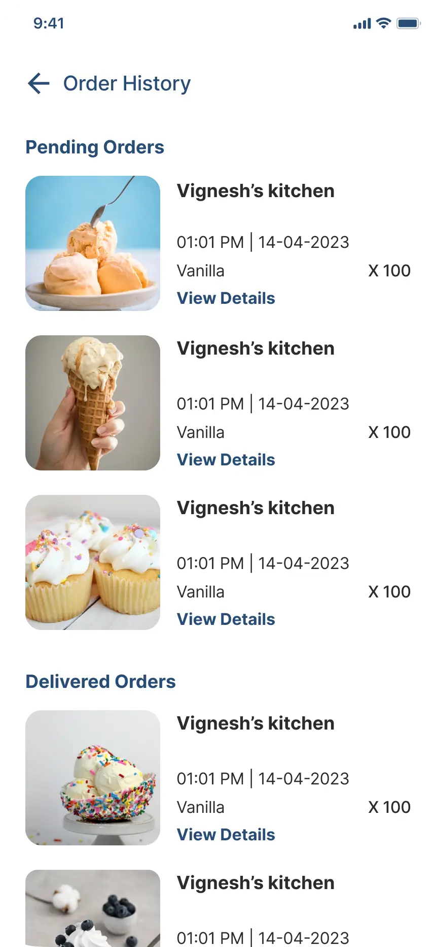 IPerform order management screen showing products, quantities and delivery date