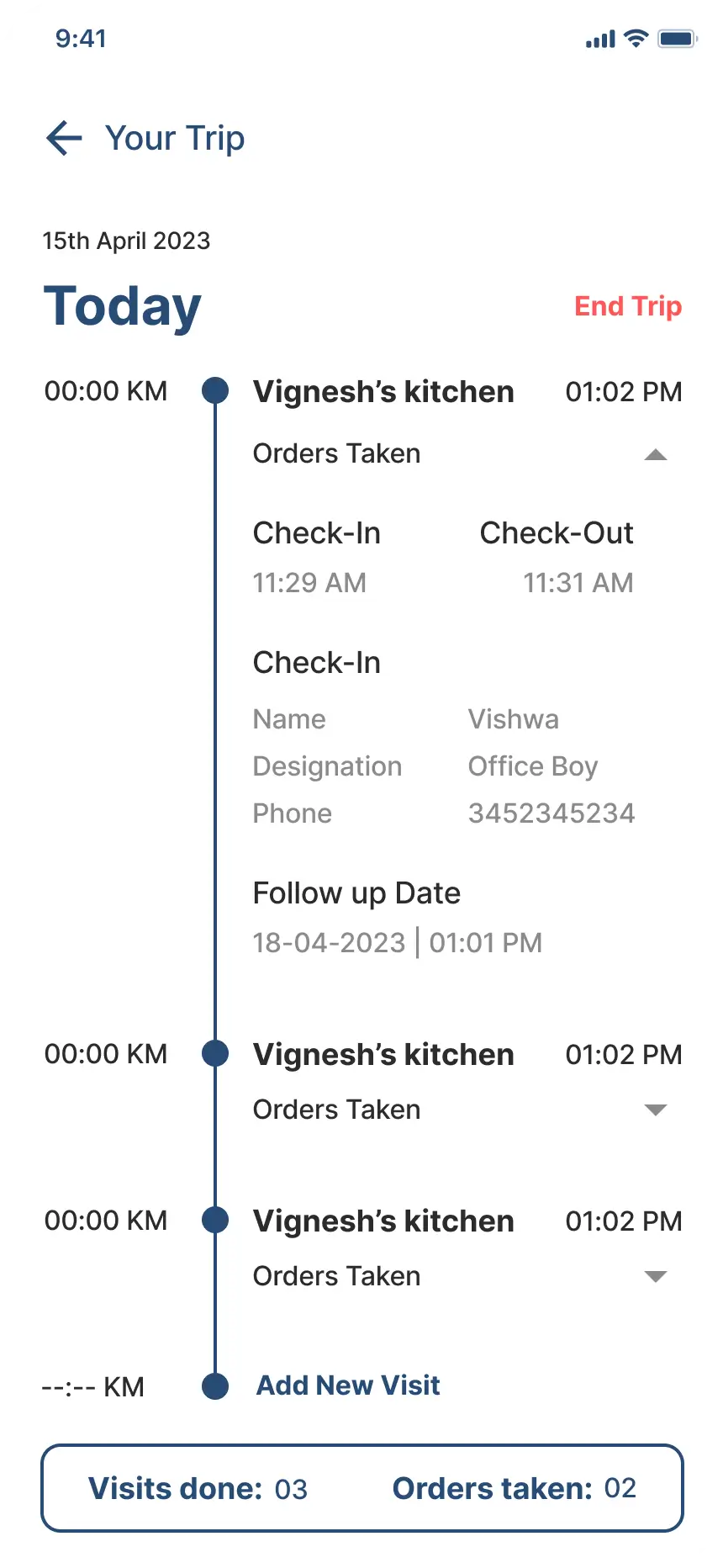 IPerform trip management screen with live timer and KM tracking